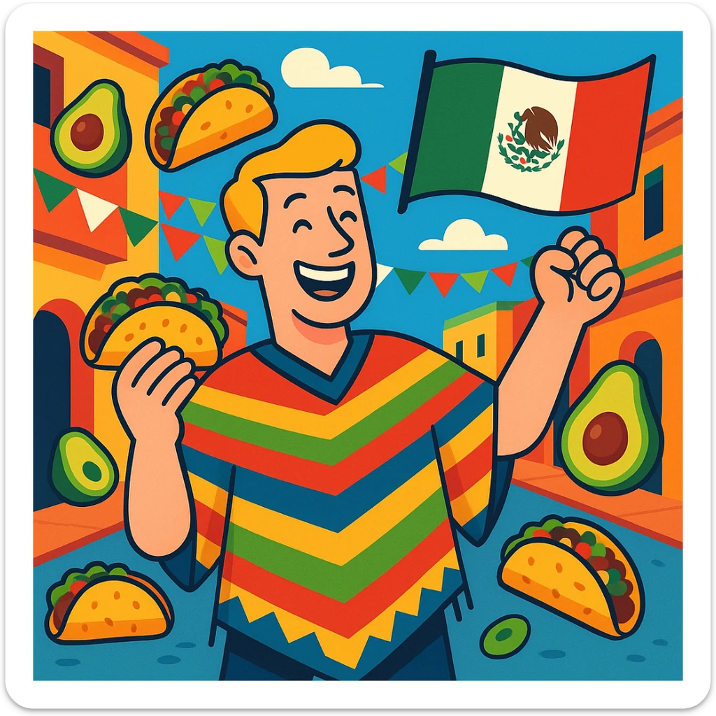festive Cinco de Mayo cartoon of a tall white American with blonde hair, smiling, wearing a colorful poncho, holding a taco and an avocado, waving a Mexico flag, surrounded by tacos and avocados, on a lively street background, bright and bold colors sticker