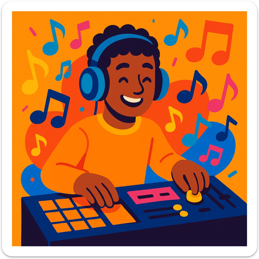 modern music producer wearing headphones surrounded by vibrant colorful music notes sticker