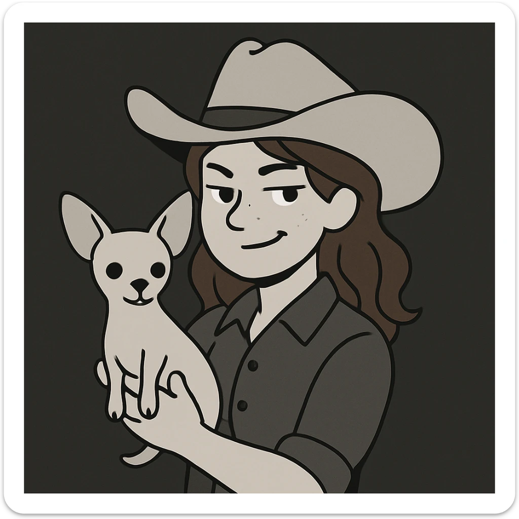 portrait of a tanned female cowboy with subtle freckles, brown hair with auburn highlights, rebellious and playful expression, holding a beige-brown chihuahua, minimalist style, clean illustration, simple shapes, muted colors, dark background sticker