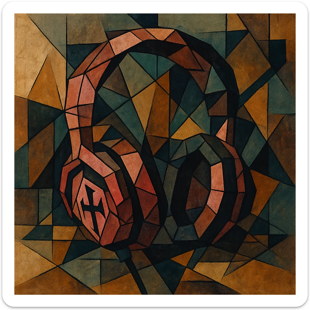 pink gothic headphones with fragmented shapes and dark accents, cubist abstraction style sticker