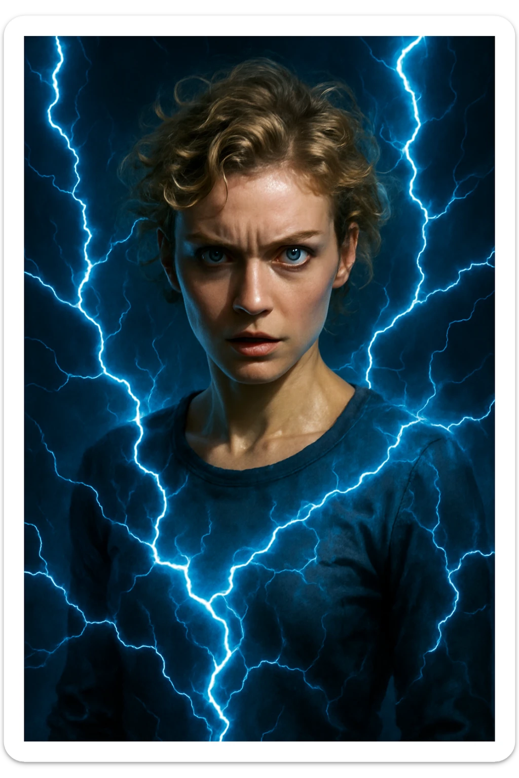 a woman with short curly blonde hair, blue eyes, surrounded by blue lightning, intense expression sticker