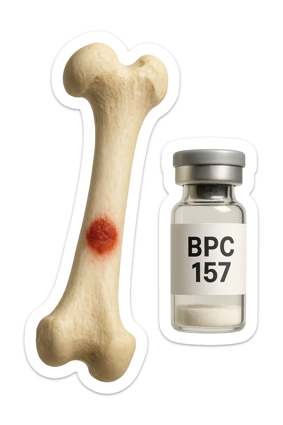osso umano con red spot fluttua insiema a fiala medica con la scritta "BPC 157" SULL'ETICHETTA, iperrealistiche 4k sticker