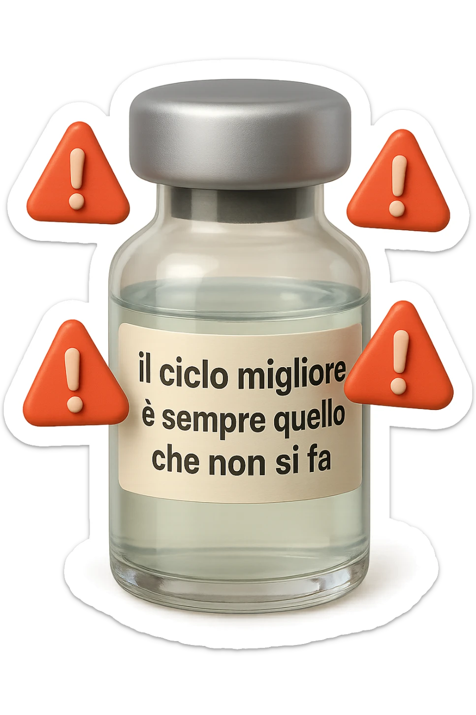 SU QUESTO STILE FAI UN EMOJI STILE IPHONE 3D DI UNa boccetta di fiala medica attorno alla quale fluttuano segnali di pericolo, sull'etichetta della boccetta c'è scritto "il ciclo migliore è sempre quello che non si fa", FALLO MOLTO REALISTICO IN 3D sticker