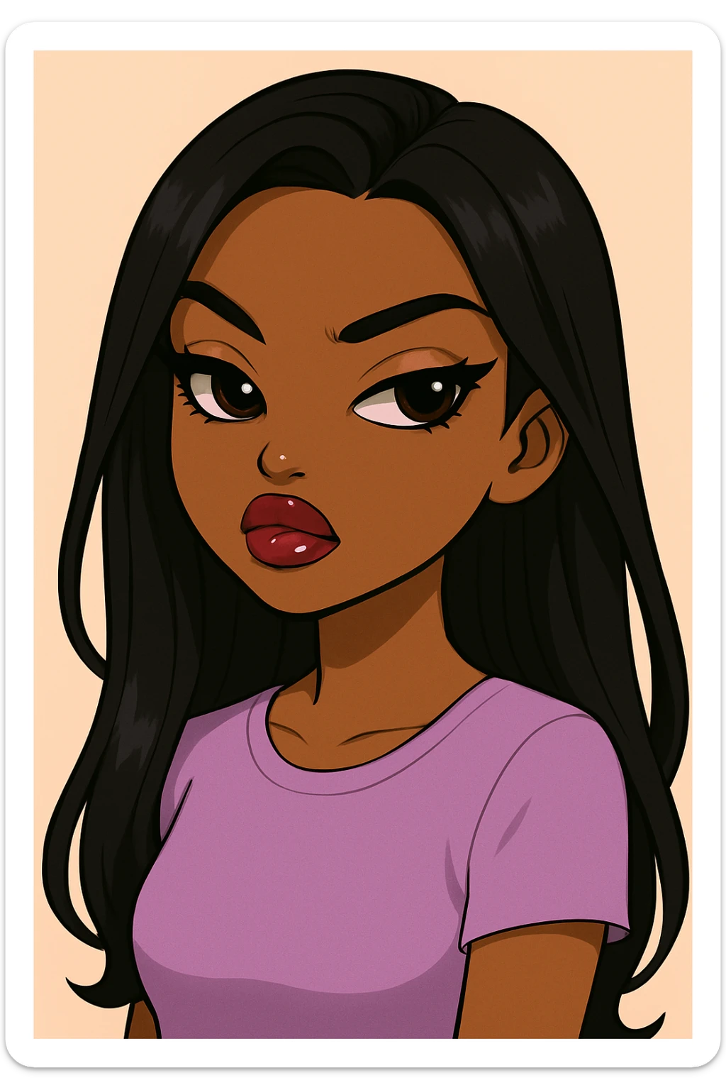 Change her outfit to a more casual style, headshot only, 20-year-old anime Bratz style woman with dark skin, straight hair, big expressive eyes, glossy lips, no hat, no tears, confident and aloof expression, snooty attitude, nose turned up. Maintain the anime Bratz style and the described facial features and expression. sticker