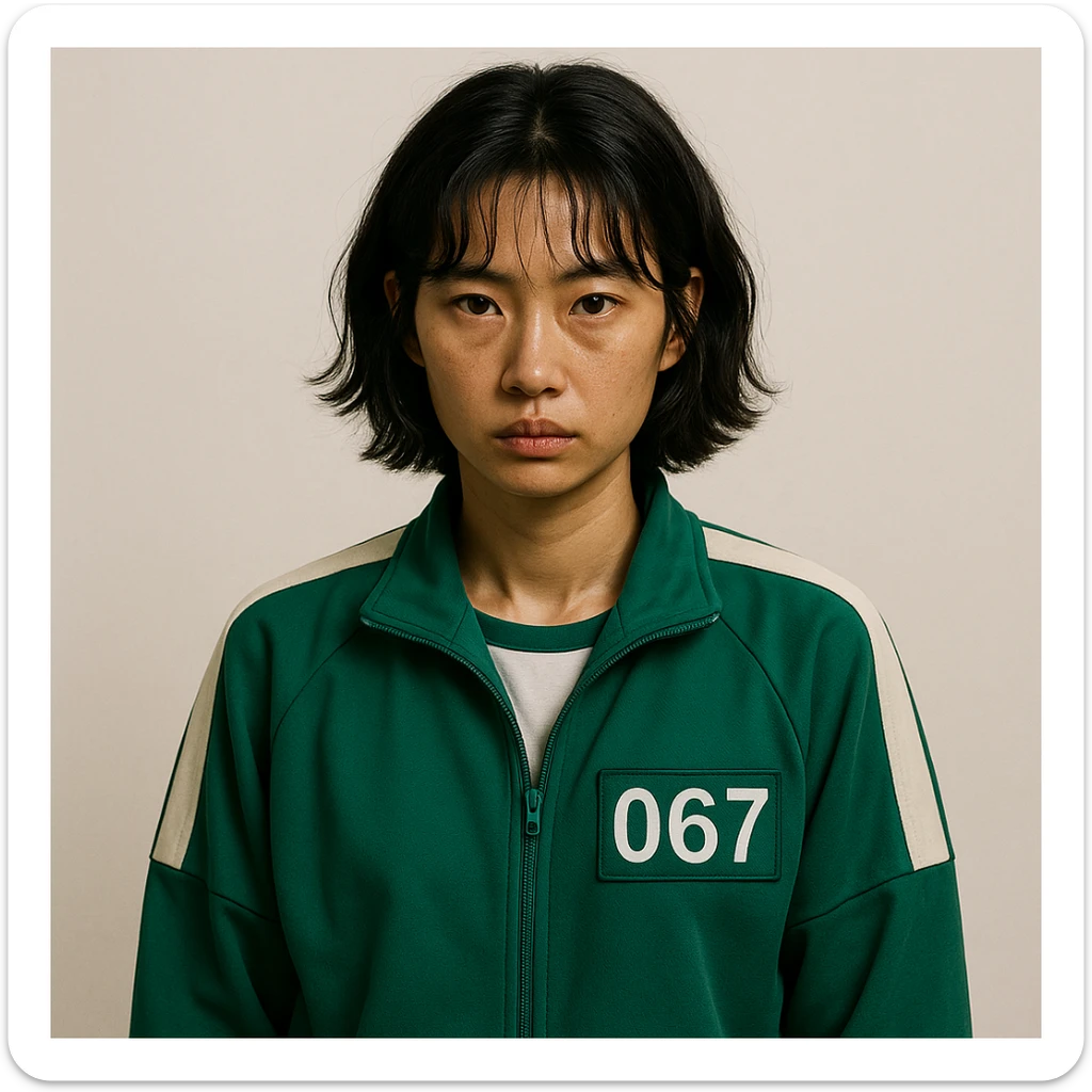 Squid Game woman character wearing iconic green tracksuit, short hair, serious expression, simple background sticker