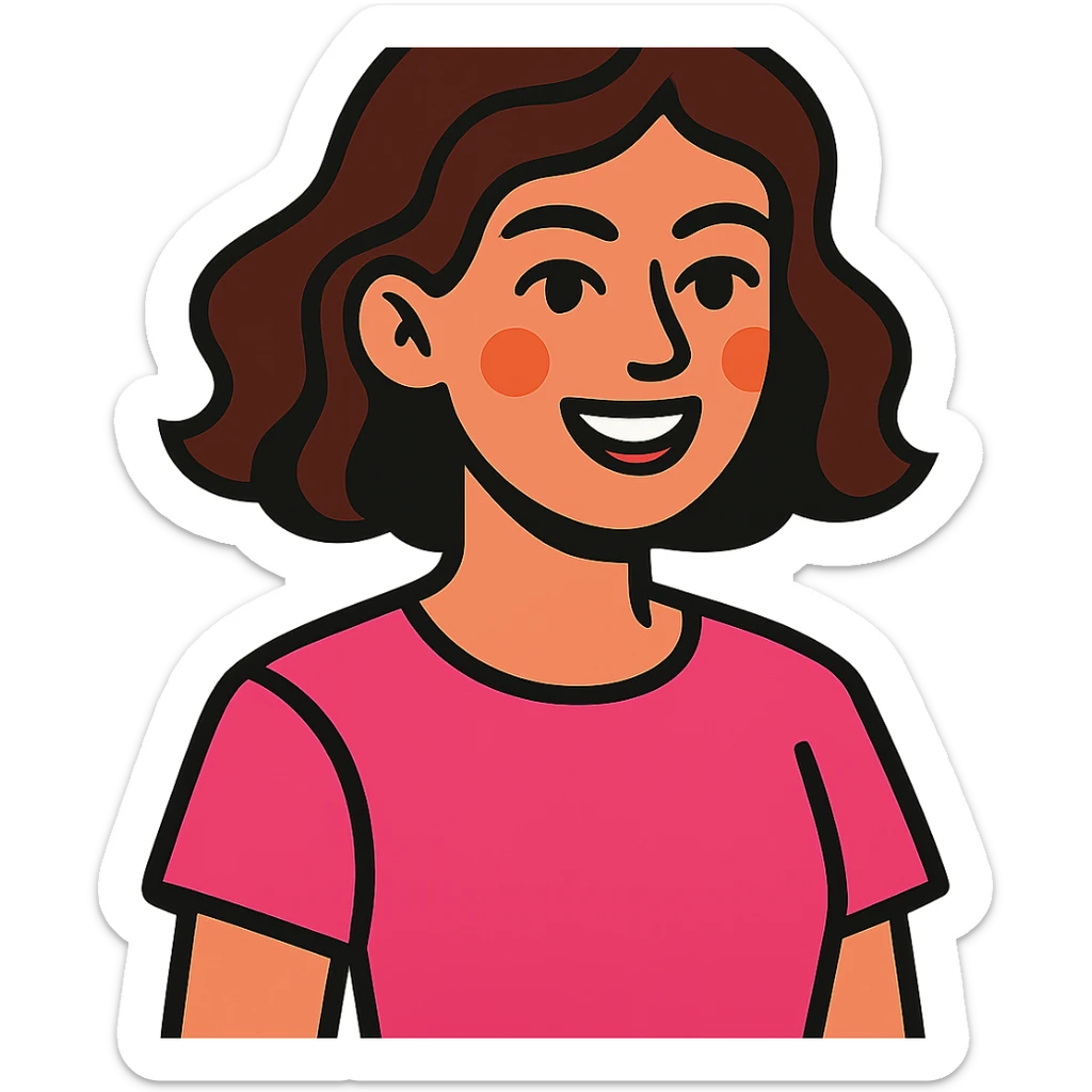 young brunette woman with short wavy hair to shoulders, wearing a pink t-shirt sticker