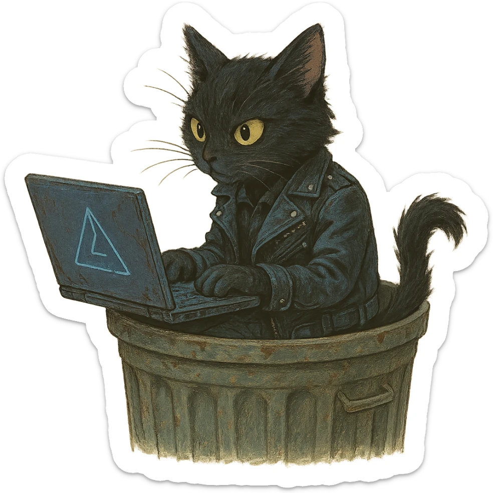 A cyberpunk goth punk cat holding a laptop poking out of a garbage can, in Ghibli style, with a transparent background. sticker