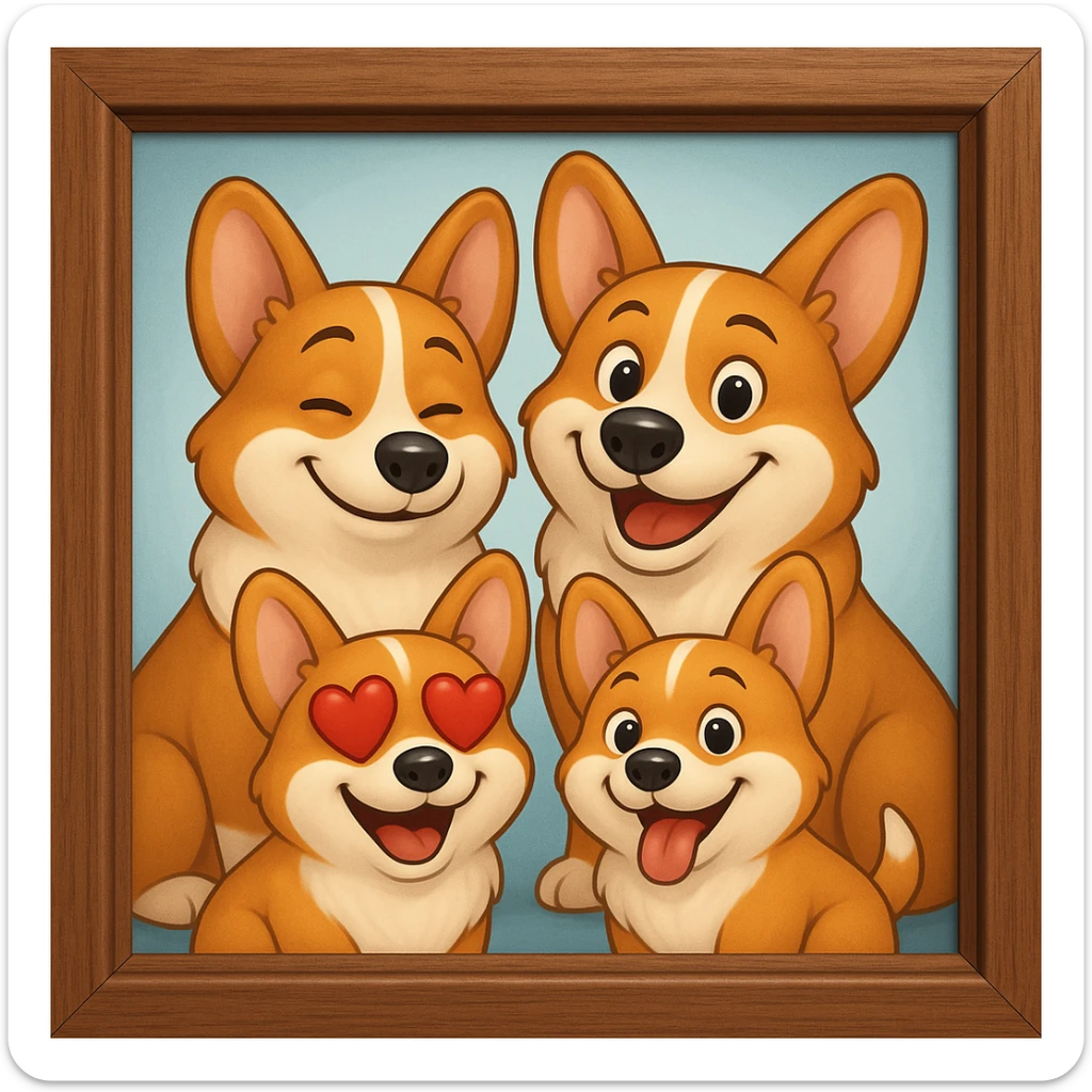 Make the lines and style of the corgi family photo match the 3D emoji look and line quality of the reference image, with smooth, soft shading and a playful, expressive feel. Keep the family photo in a classic wooden frame. The style should resemble the 3D emoji style with smooth and soft shading, playful and expressive. sticker