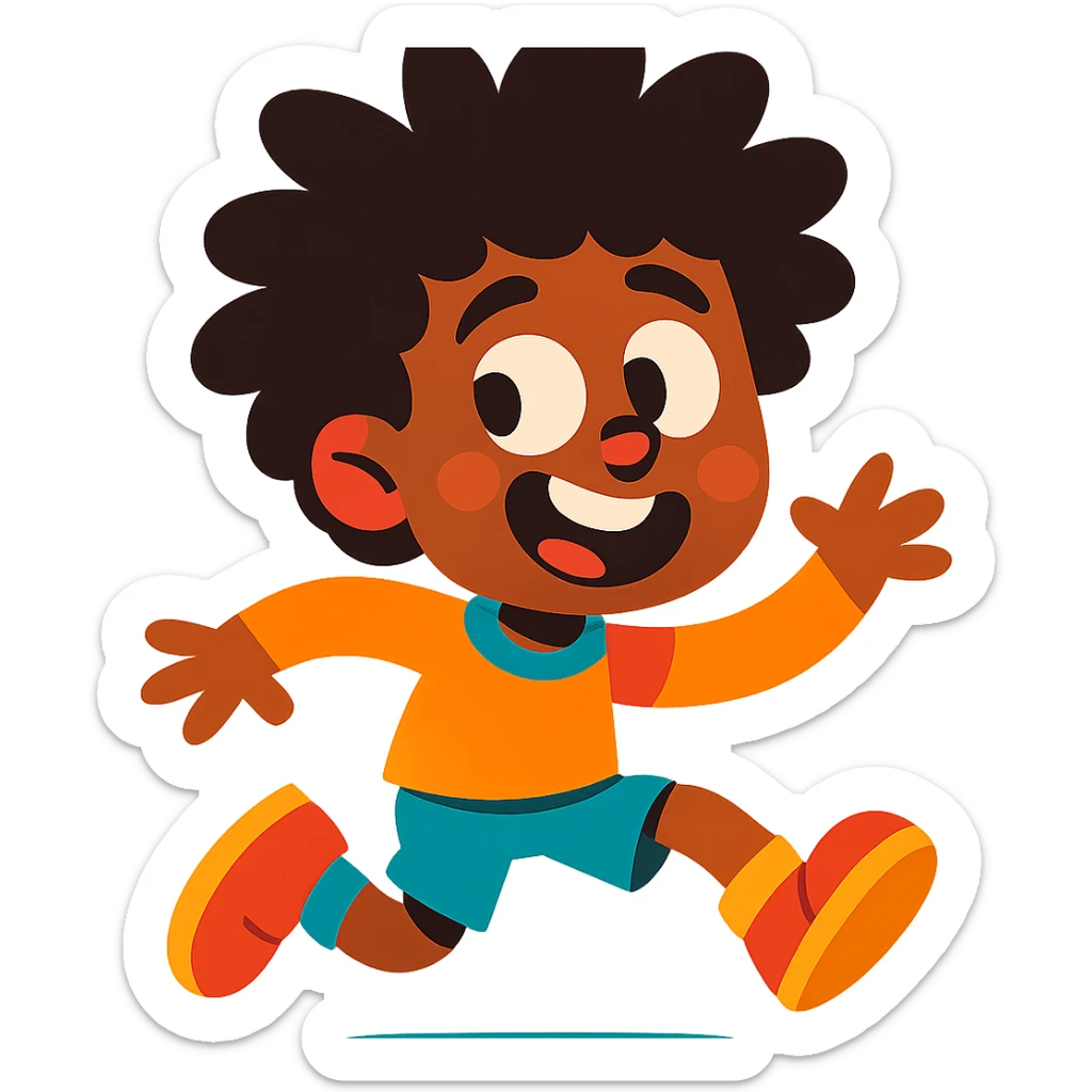 black boy with frizzy, untamed curly hair, goofy expression, lighthearted and whimsical, vibrant colors sticker