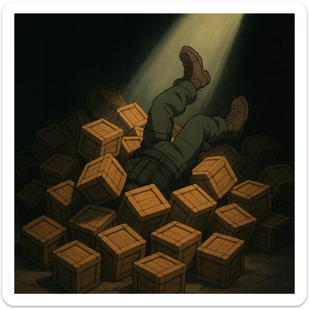 A pile of small oblong crates hidden in a dark area with a beam of light shining from above, with someone’s boots sticking out like they dove in, tactical gear clothing  sticker