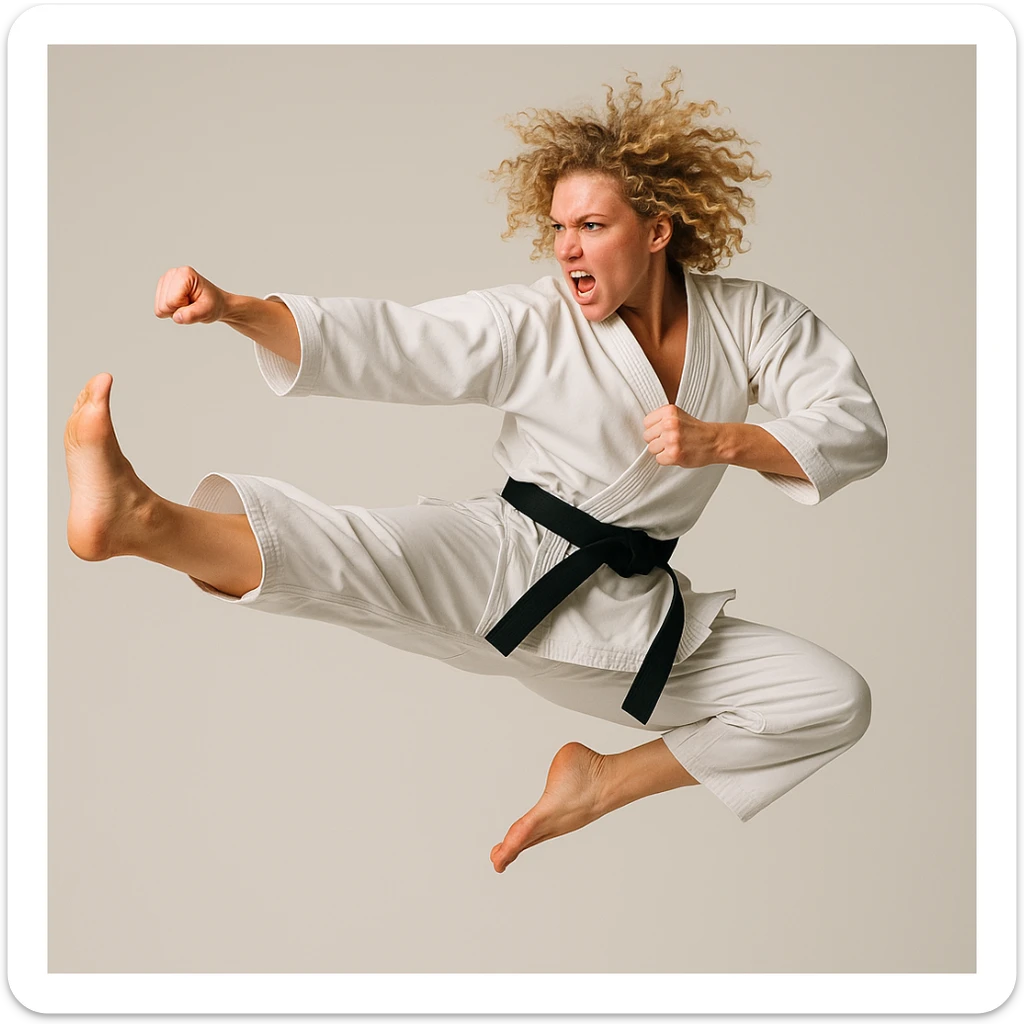 karateka woman with curly blonde hair, airborne kick, athletic stance, plain background sticker
