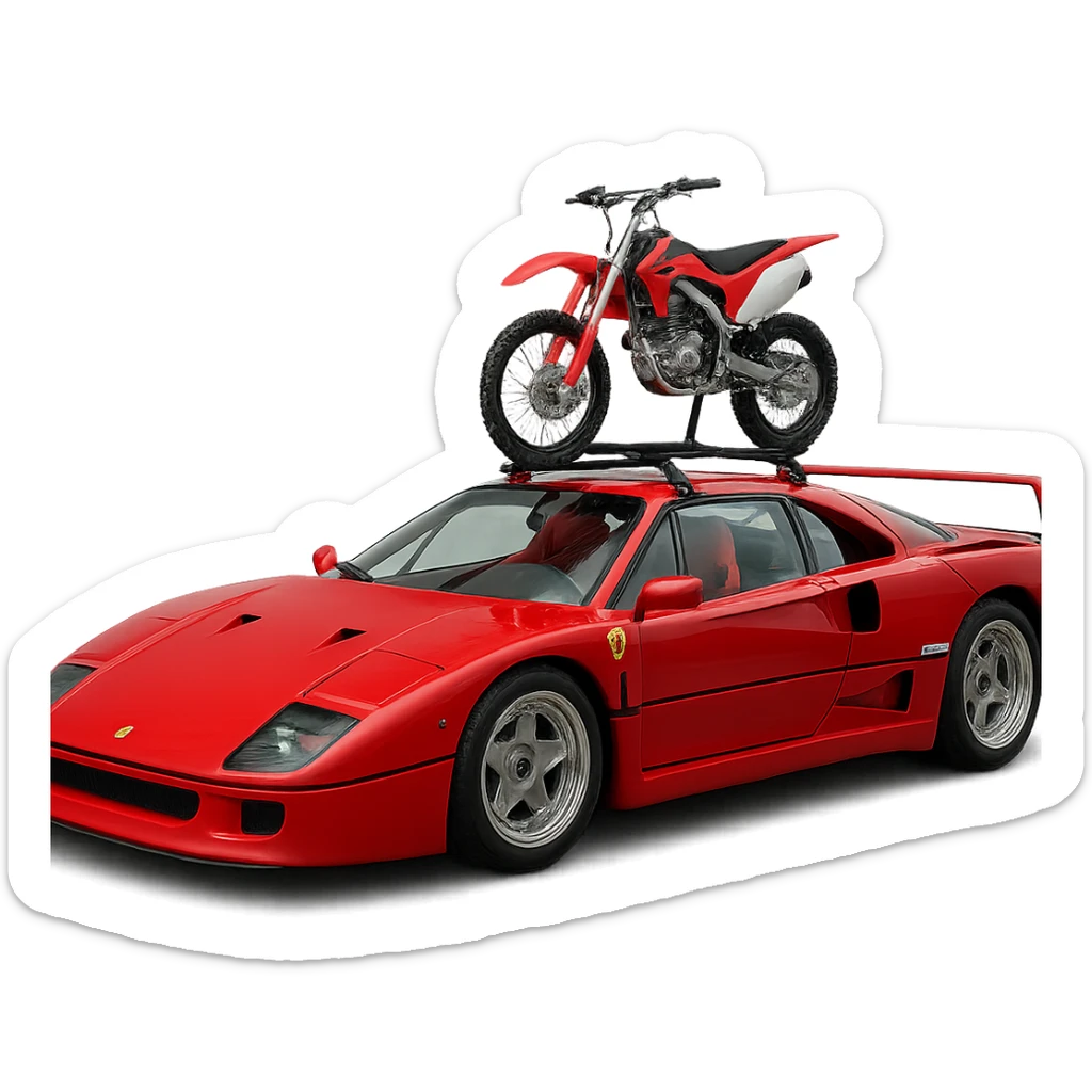A realistic Ferrari F40 with a 125cc dirt bike on a visible roof rack, dirt bike to proper scale, transparent background sticker