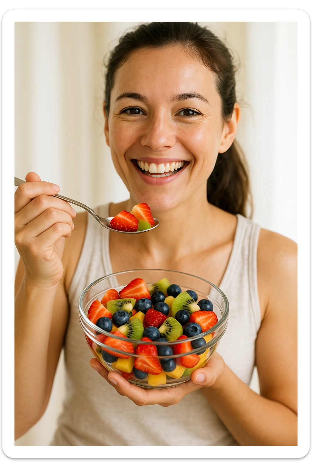 A cheerful person holding a glass bowl of colorful fruit salad with vibrant pieces of strawberries, kiwis, and blueberries visible. The person is wearing a casual, light-colored tank top and has a friendly, bright smile as they prepare to take a bite with a spoon. The overall composition focuses on health and enjoyment. sticker