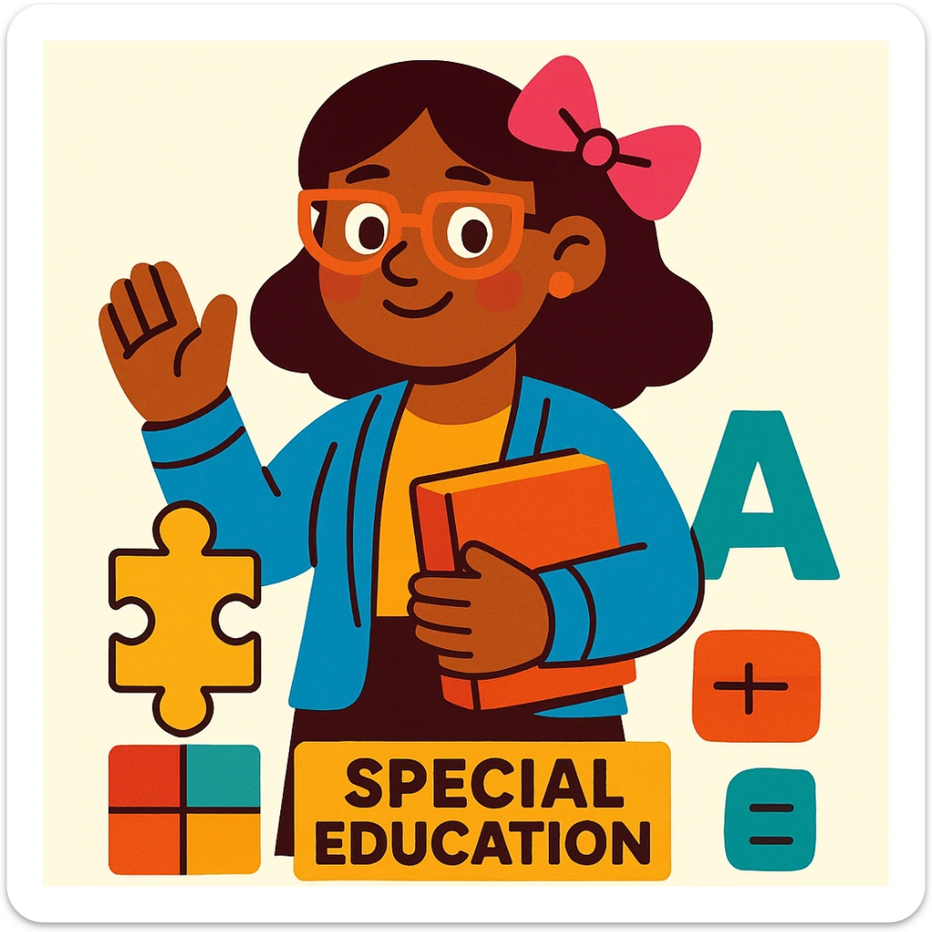 special education teacher with a pink bow in her hair, colorful cartoon style, kind smile, light background sticker