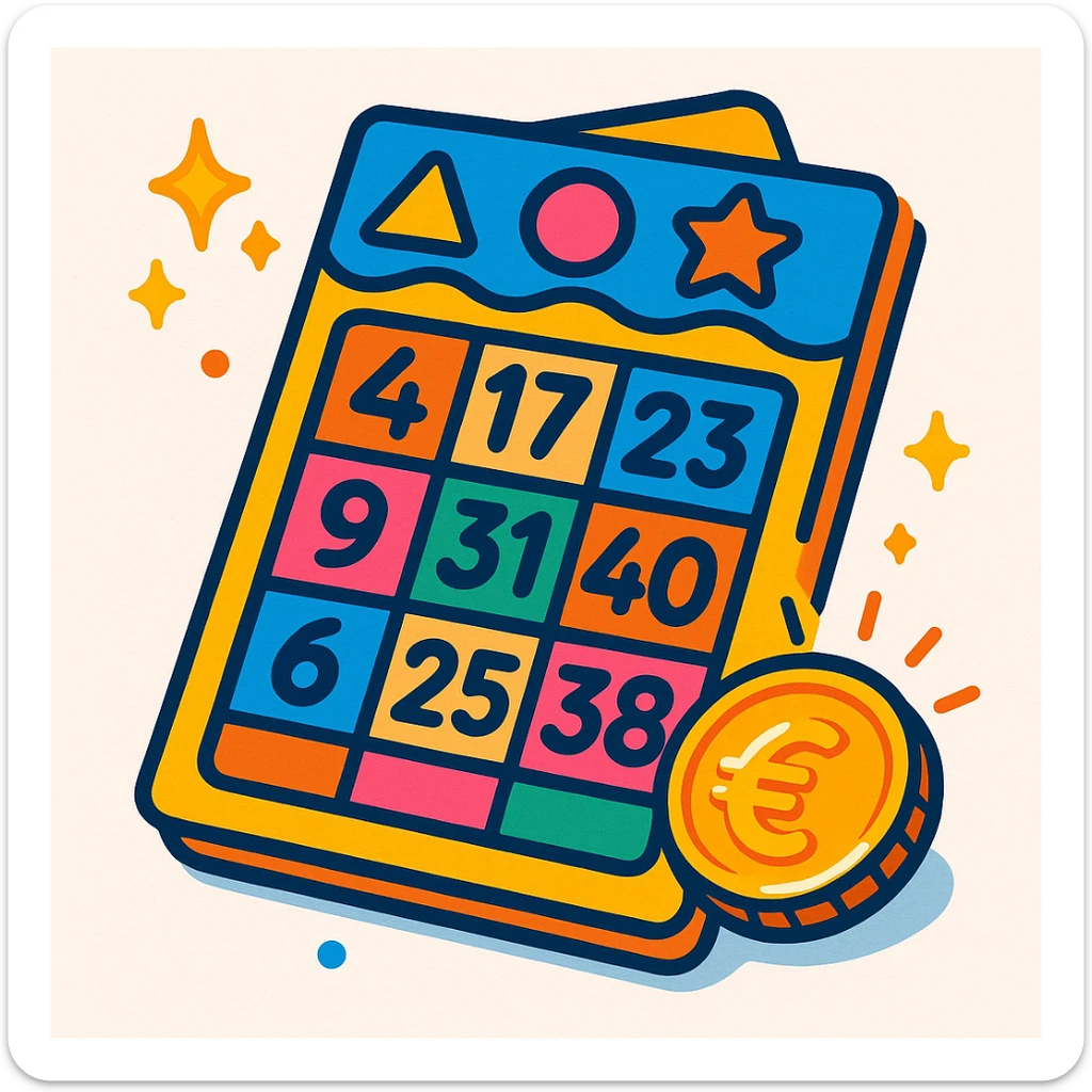 cartoon-style colorful lottery ticket with European vibe, playful number boxes, shiny euro coin, sparkles, no text or logos, white background sticker