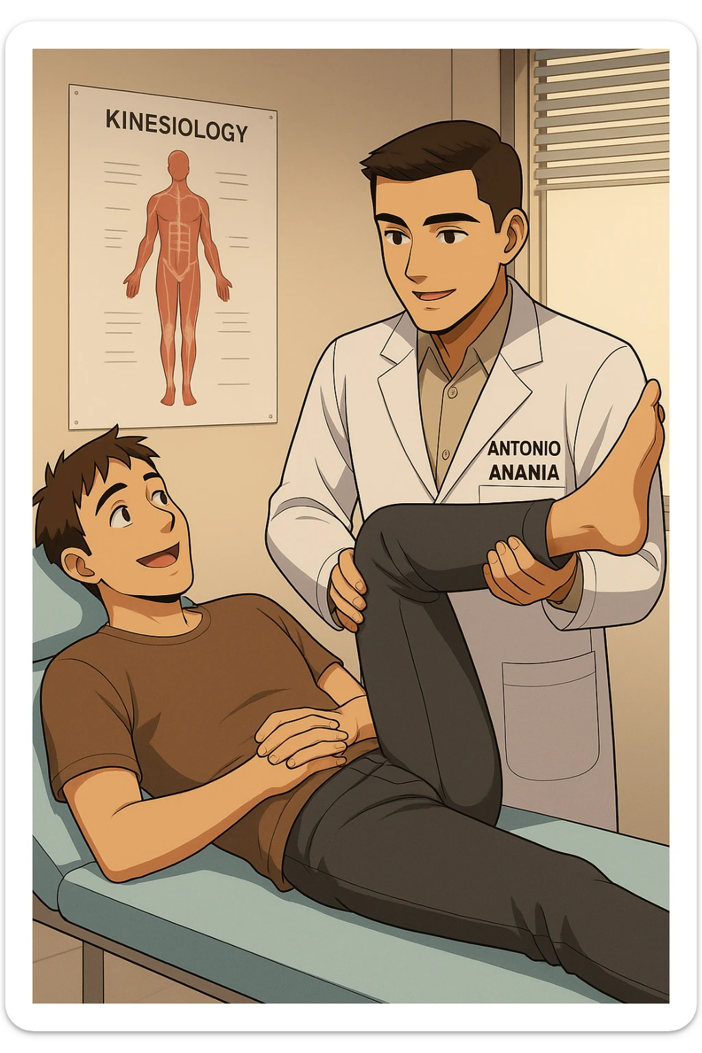 fai un webtoon manga a colori con questo stile, in cui un uomo è steso sul lettino medico e il kinesiologo con il camice bianco (fagli anche la scritta "ANTONIO ANANIA" SUL CAMICE, gli solleva una gamba per fargli il test neuromuscolare, IL KINESIOLOGO SPIEGA ALL'UOMO UNA cosa mentre gli alza la gamba. l'espressione dell'uomo è felice e soddisfatta, non fare i fumetti però, fai solo in modo che sembri stiano parlando, il lettino fai in modo che si veda tutto intero sticker