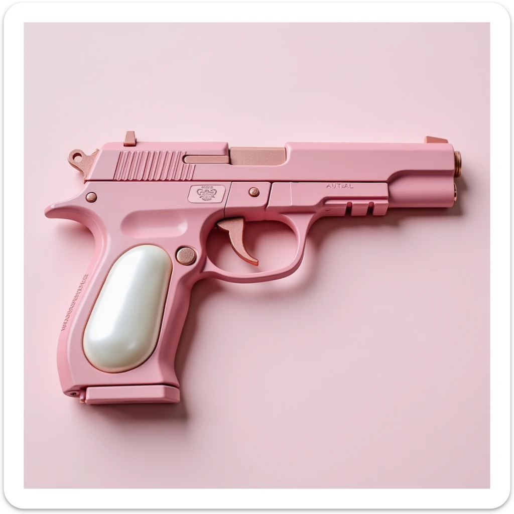 photorealistic pink pistol with a pearl handle, no heart shapes or motifs, white background sticker