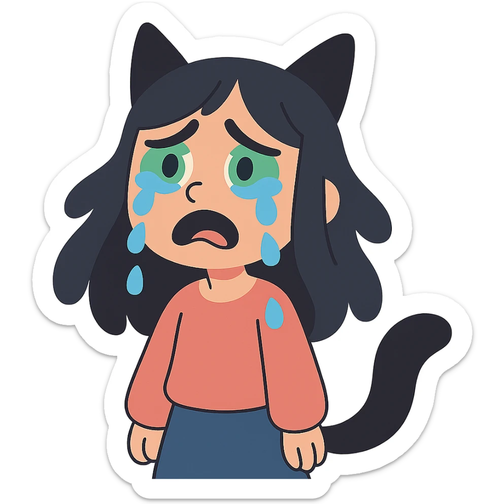 A girl with tears, black fox ears, and a tail, green eyes, dark hair sticker