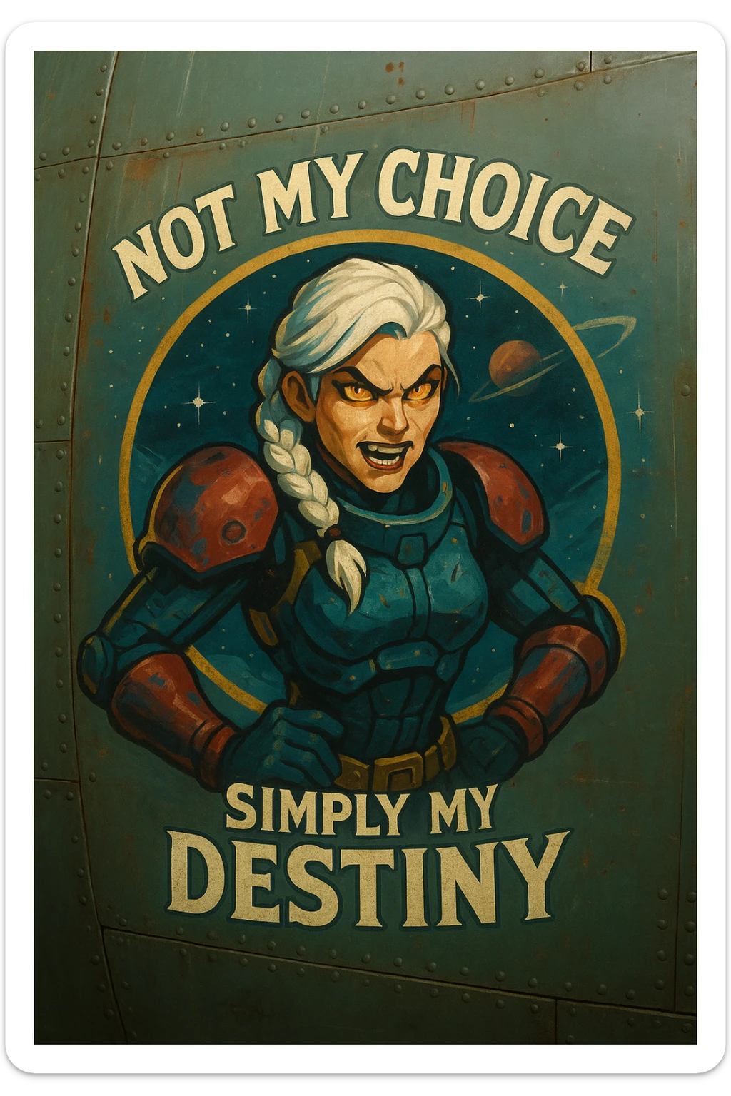 a retro military pinup fuselage decoration for the motto " not my choice, simply my destiny "
; female figure, white hair 1 braid, gold yellow eyes, spacer, fierce, exo-rogue, menacing yet taunting sticker