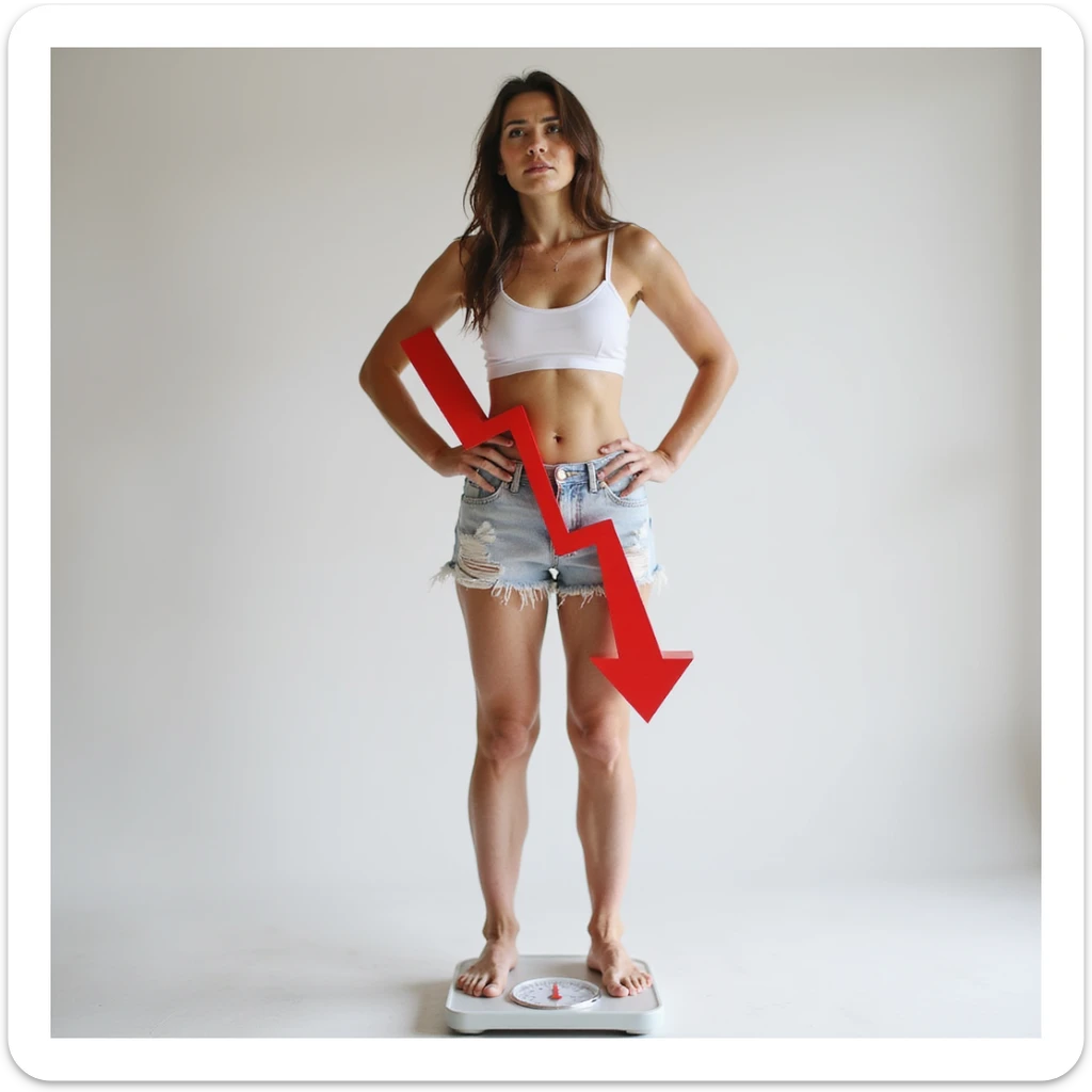 adult woman, photorealistic, standing on a scale with a large graphic red arrow going up and down, confused expression, natural light, light background, concept of yo-yo diet effect sticker
