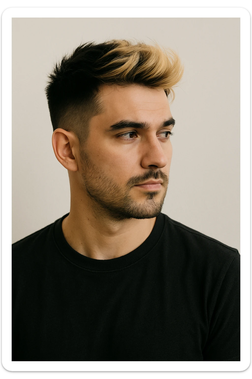 man with short black hair and blonde highlights, looking to the side, minimal background sticker