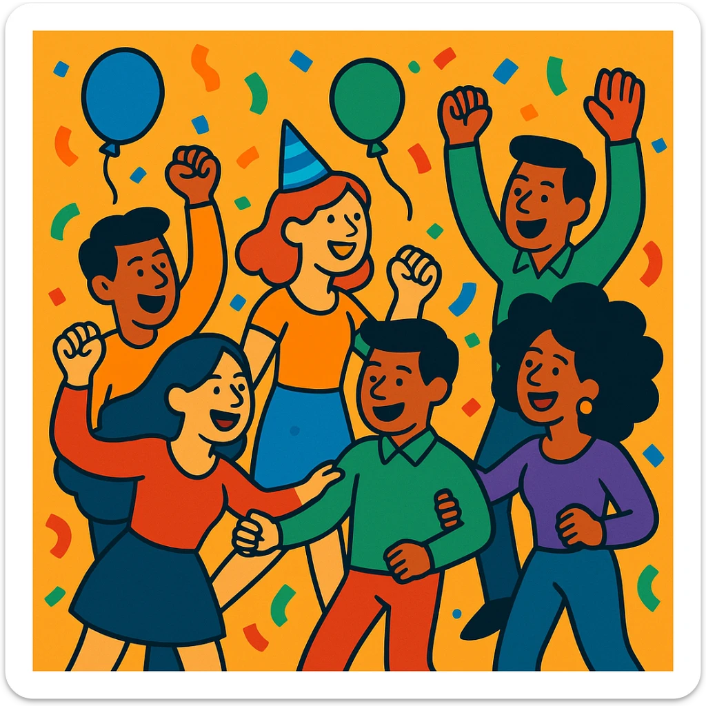 Party people forming a conga line, vibrant cartoon style, with confetti and balloons. sticker