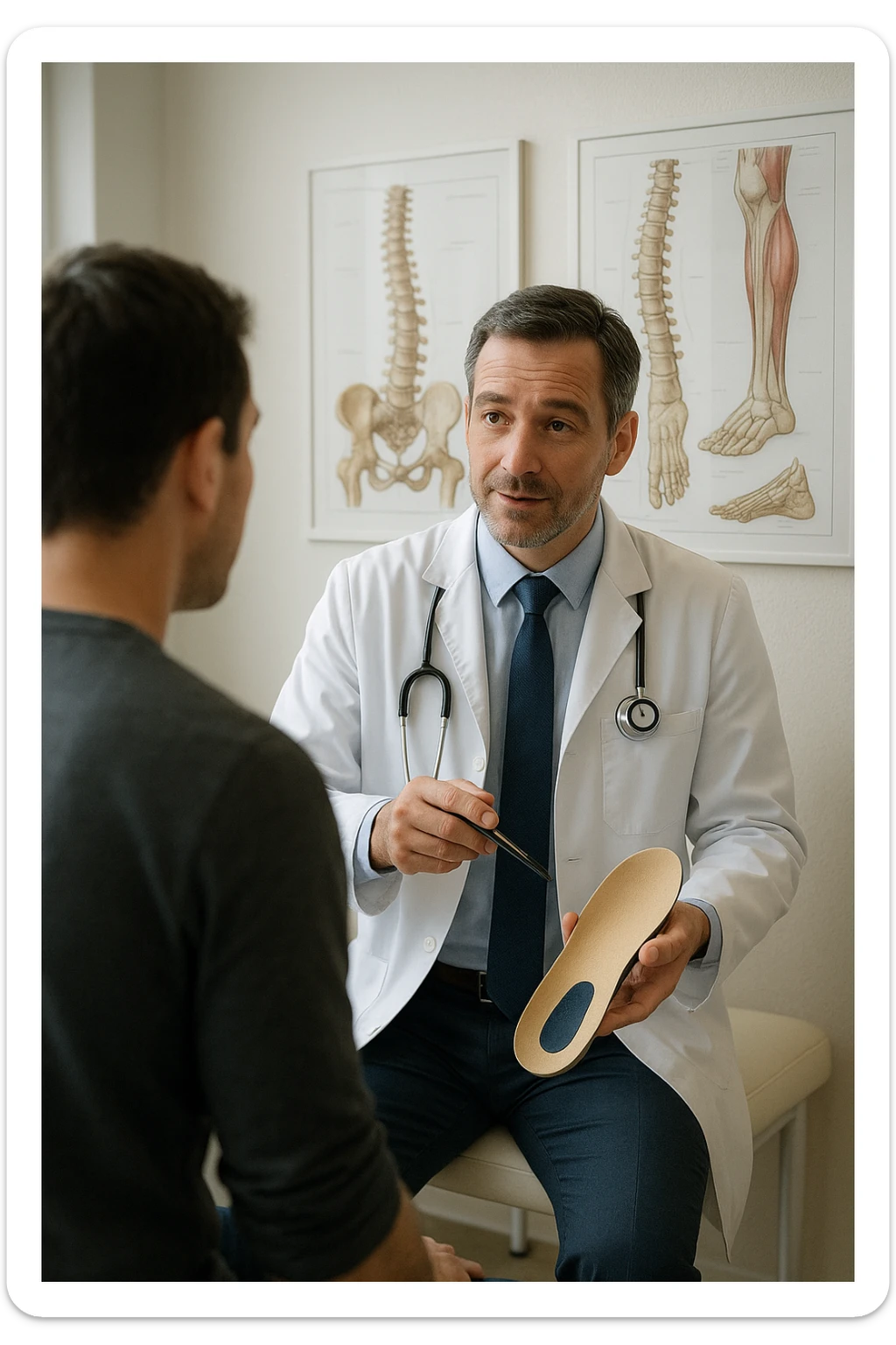 A realistic, cinematic illustration of a professional male doctor in his mid-40s, wearing a white coat, calmly explaining to a patient the benefits of using orthopedic insoles (plantari) for posture correction. The doctor holds a custom insole in his hand while pointing gently to a detailed anatomical poster showing the human spine, pelvis, and feet, illustrating the connection between foot alignment and posture. The setting is a bright, clean medical office with soft natural lighting, a treatment table, and educational anatomical charts in the background. The patient, seen from behind, listens attentively, while the doctor maintains a warm, knowledgeable expression, emphasizing preventive care and body alignment through plantar support. The scene feels trustworthy, modern, and health-focused. sticker
