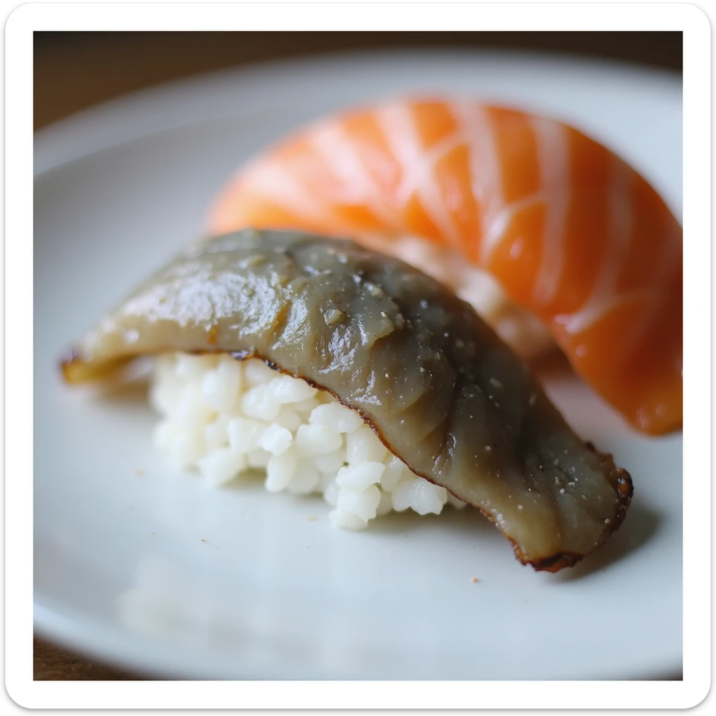 close-up of sushi: one nigiri with gray salmon and one with orange salmon, on a white plate, realistic style, 4K resolution sticker