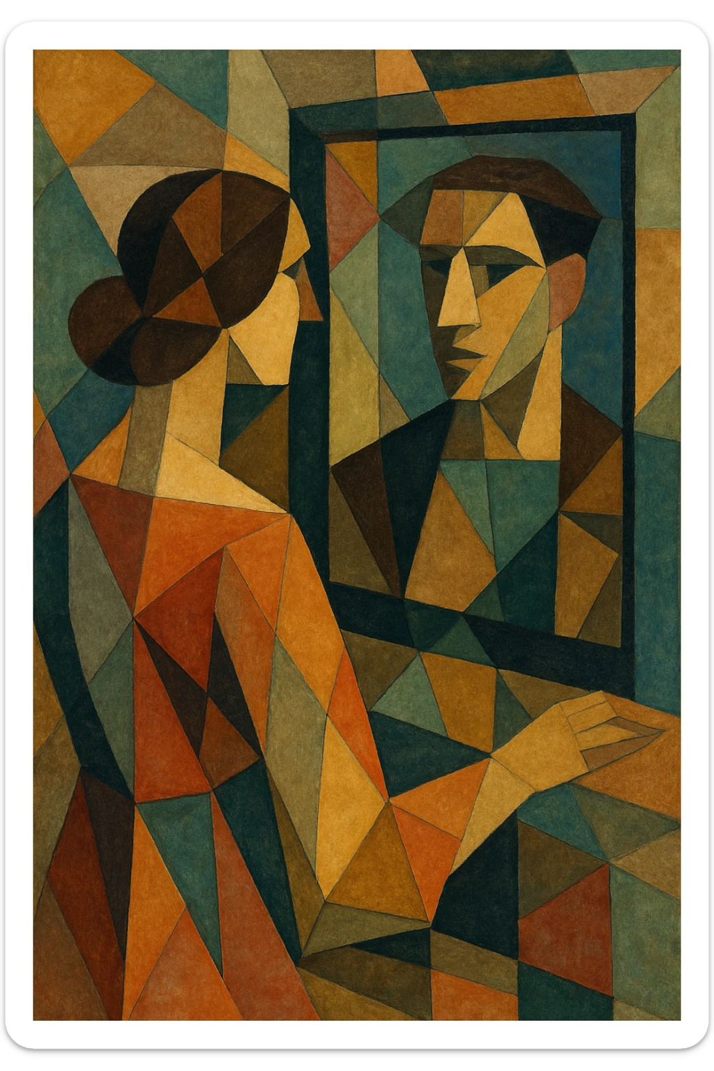 A woman facing a mirror, but instead of her own reflection, a man is seen on the other side, in a unique cubist abstraction illustration style, geometric shapes, vibrant colors sticker