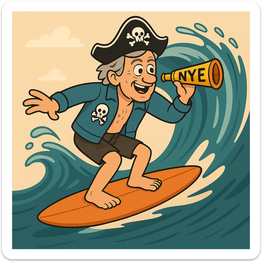 Change the surfer's hair to grey, keep all other details the same, in a style suitable for editing. sticker