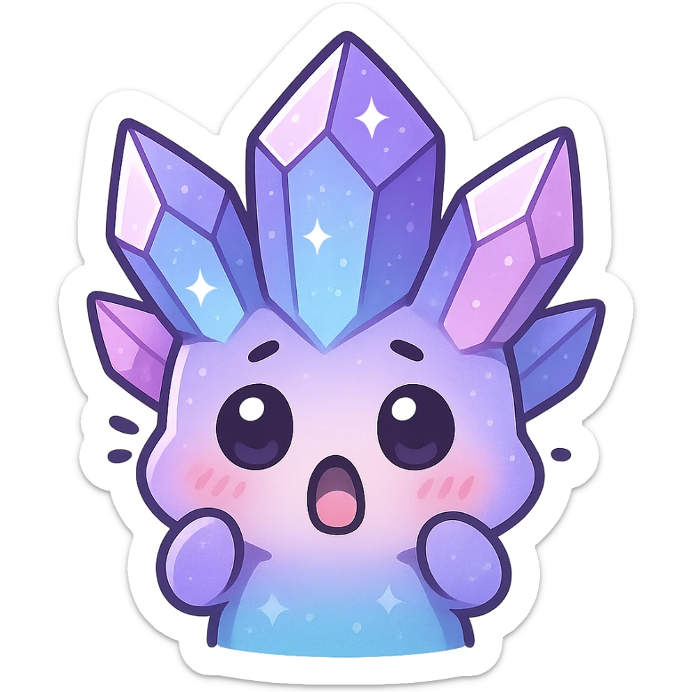 kawaii style emote of a crystal sprite creature, purple, blue, and pink, surprised expression sticker