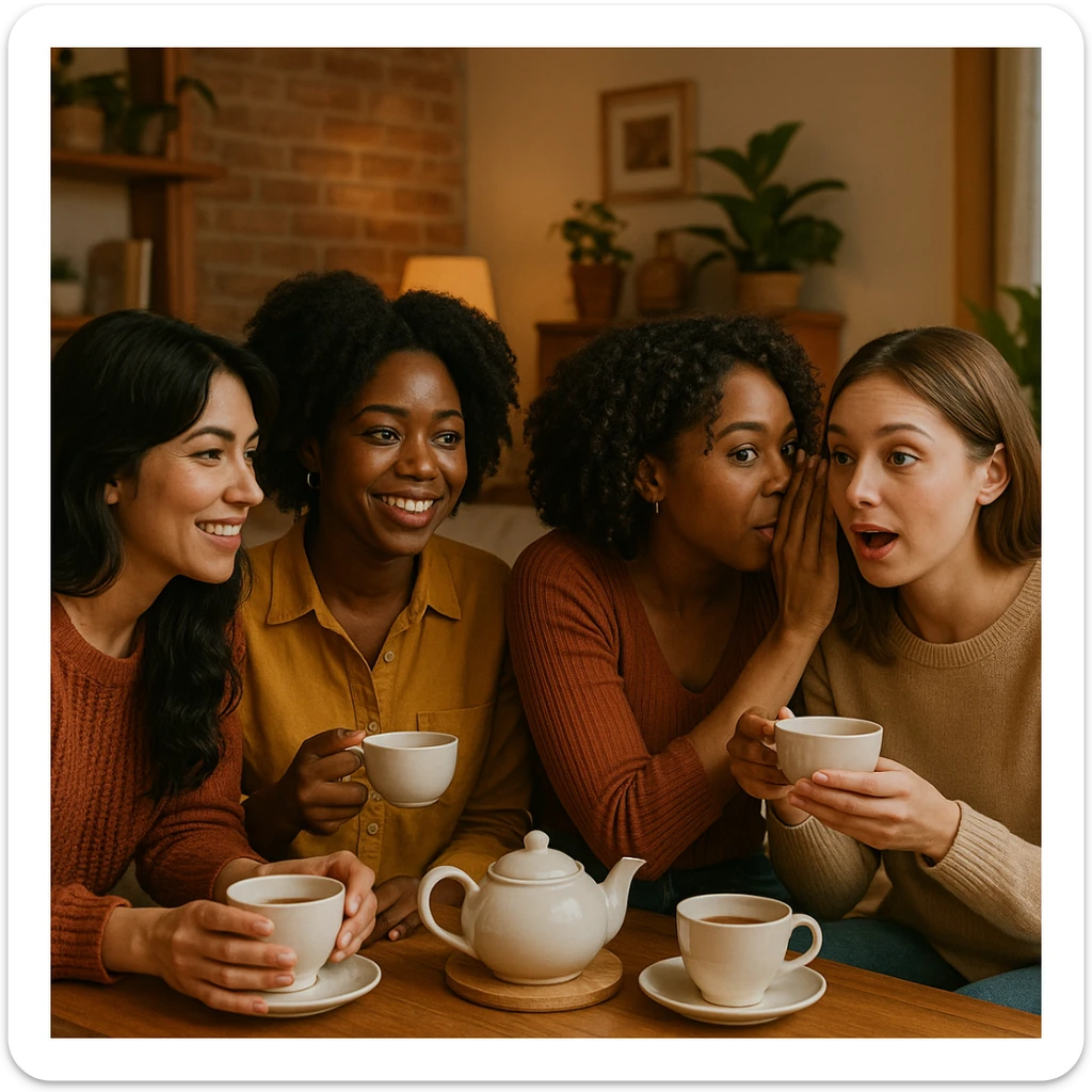 four girlfriends gossiping over tea, one with black hair, two Black girls, one light-skinned girl, cozy and friendly atmosphere, warm and inviting setting sticker