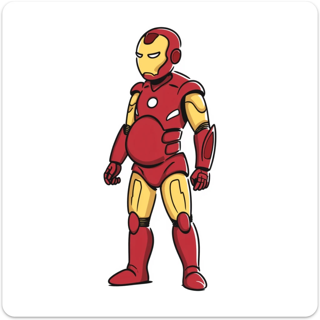 Iron Man superhero with a pregnant belly, iconic red and gold armor suit, arc reactor glowing in chest sticker