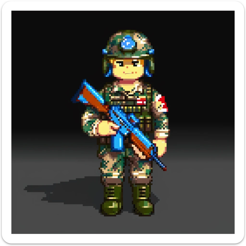 roblox military man, blocky character, wearing camouflage uniform, helmet, and boots, holding a toy rifle, simple background sticker