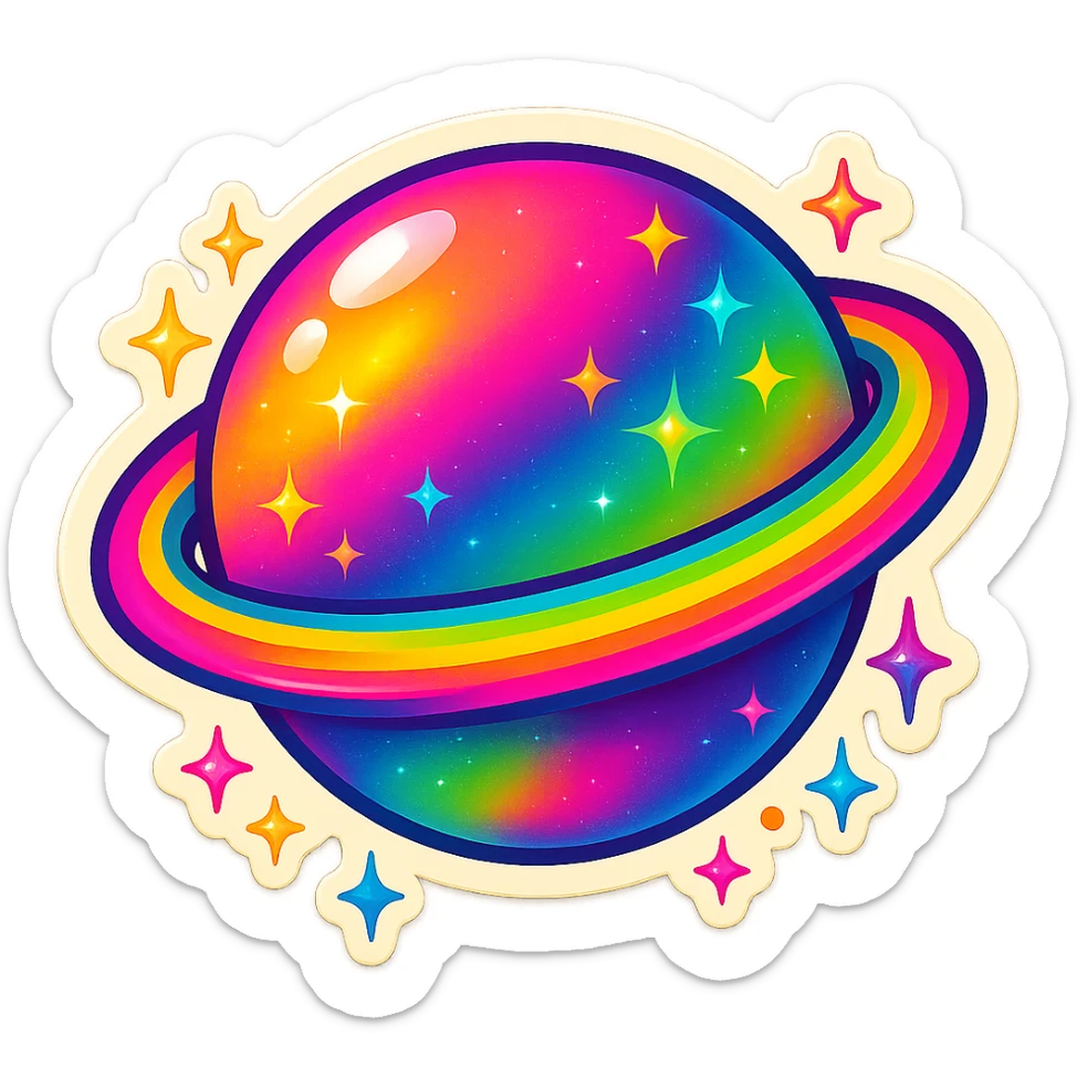 Lisa Frank style planet, vibrant colors, sparkles, rainbow accents, emoji style sticker
