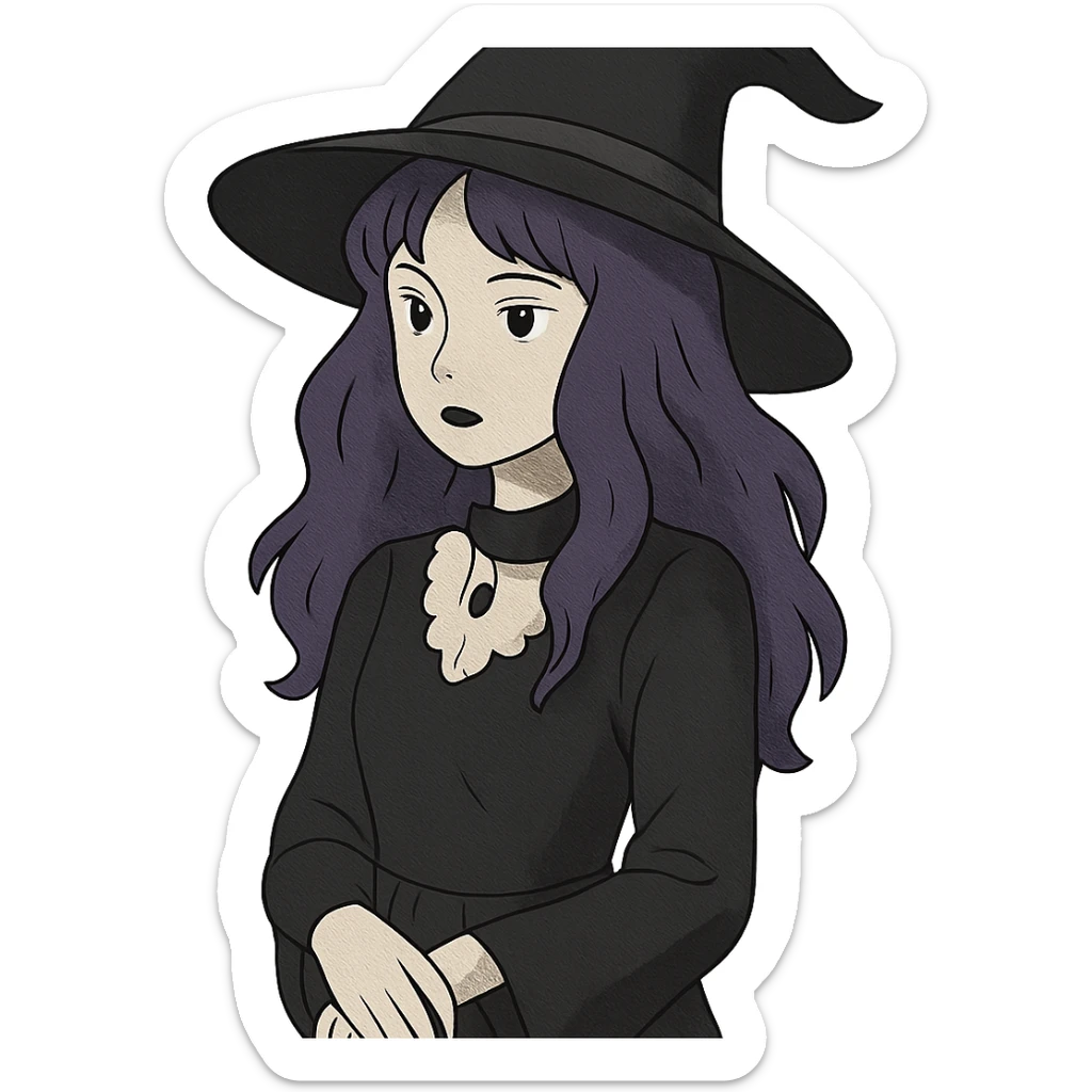 gothic woman with purple hair, witchy touch, in ghibli style sticker