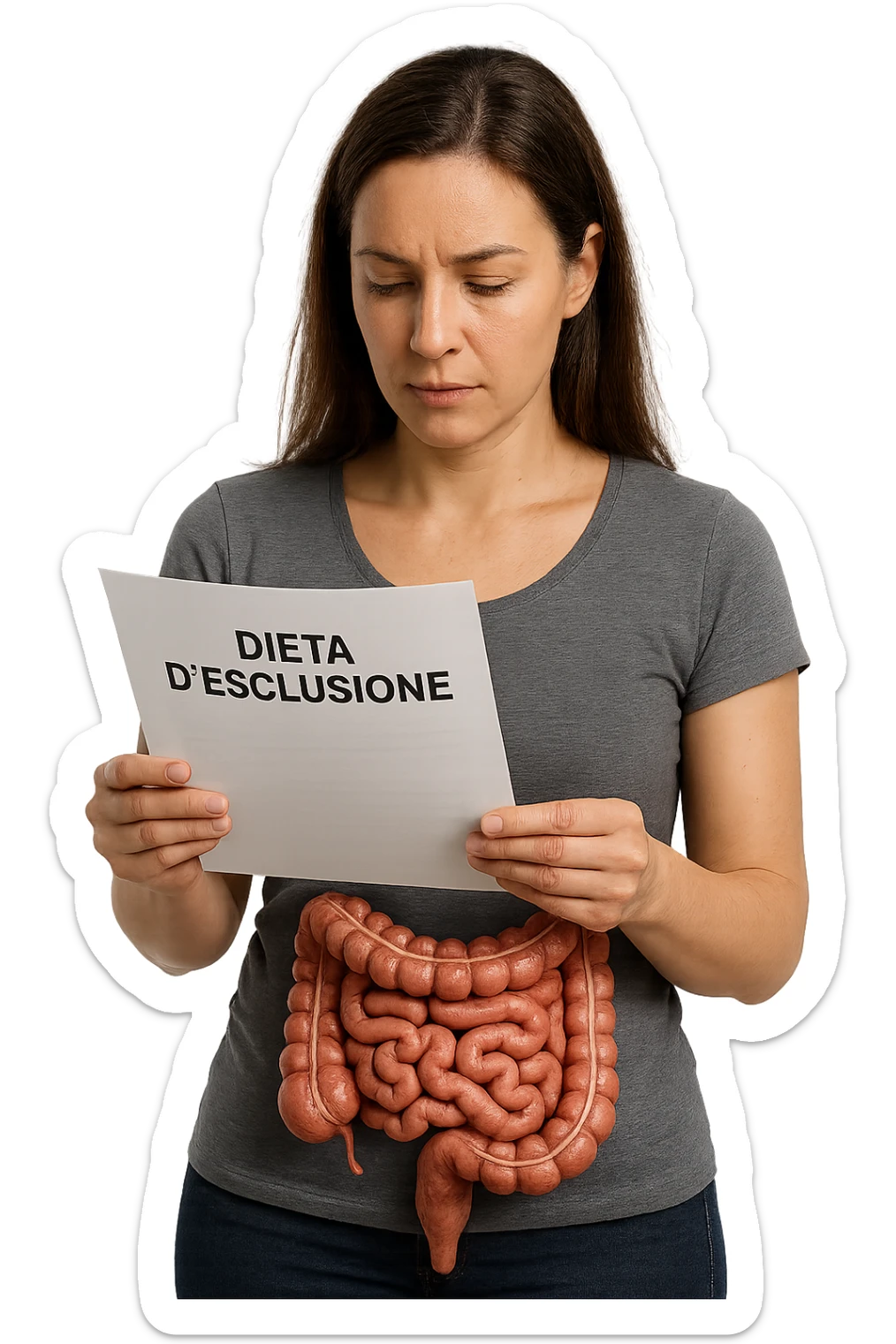 donna con intestino umano anatomico in evidenza che legge un foglio con la scritta "DIETA D'ESCLUSIONE, iperrealistica 4k sticker
