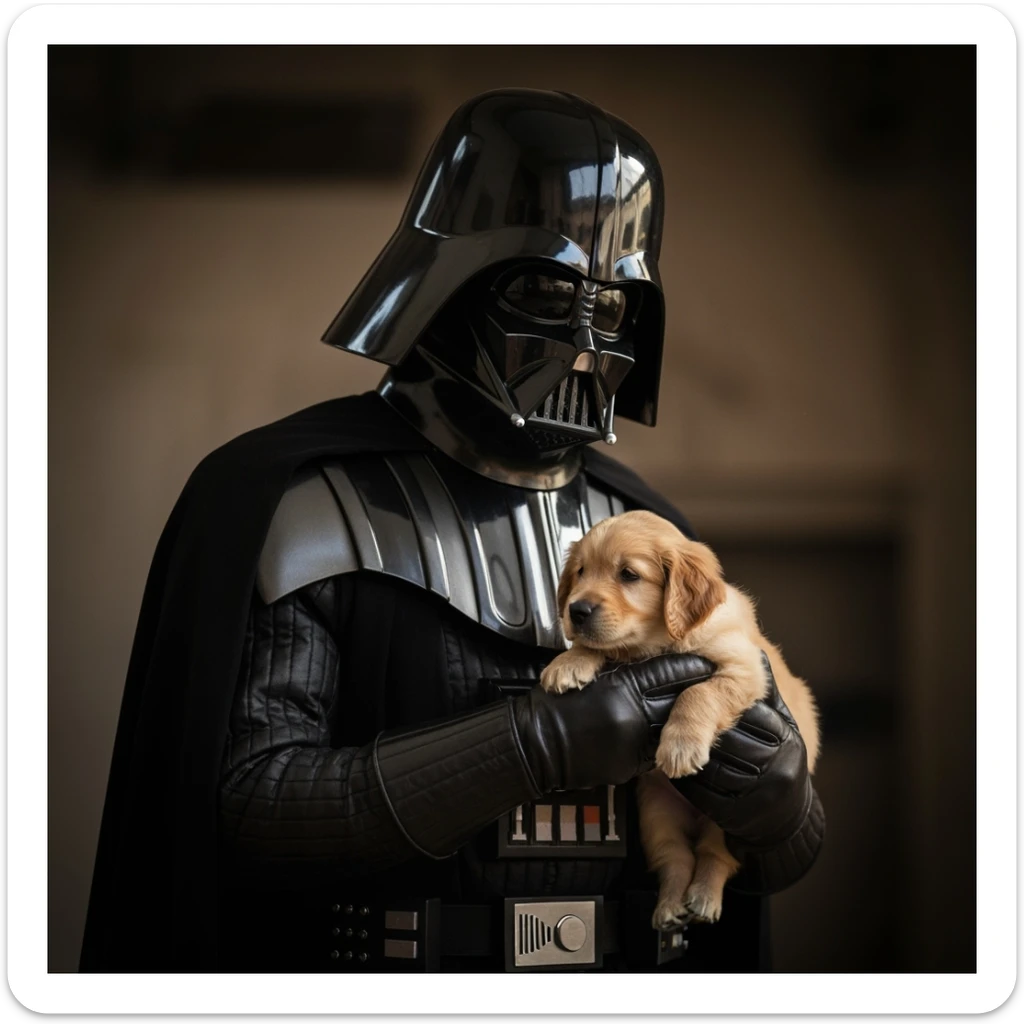 Photo of a darth vader holding puppy golden retriver, low key light sticker