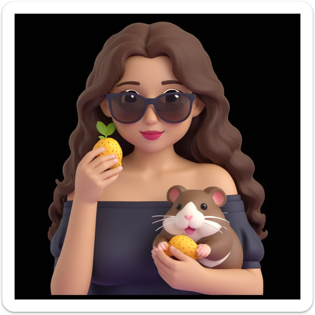 clean cheerful emoji of a young woman with medium skin tone, long wavy dark brown hair, black off-shoulder top, expressive warm eyes, soft smile, playful hamster in tiny sunglasses munching a seed on her shoulder, soft neutral color background, relaxed confident joyful vibe sticker