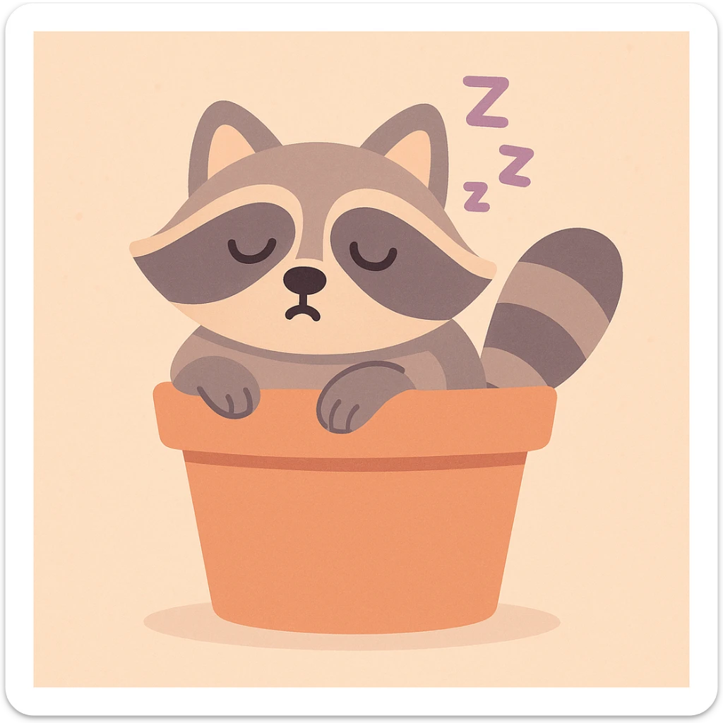 Sleepy raccoon inside a flower pot, pastel earthy colors, soft pastel colors, high-quality design, pastel-toon style sticker