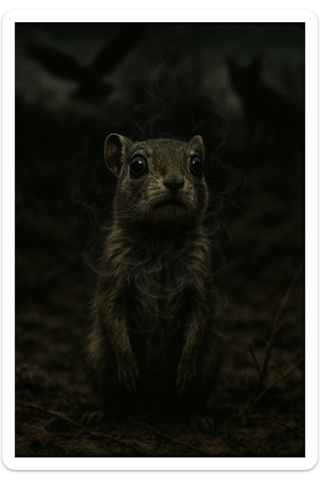 A hyperrealistic, cinematic illustration of a small wild animal, such as a rabbit or a meerkat, with wide, alert eyes and tense body posture, standing in a dry, rugged environment with predators lurking in the shadows. The animal's chest is visibly rising and falling rapidly, representing short, shallow breathing due to constant fear and vigilance. The background is dimly lit, with faint shadows of predators like hawks or foxes barely visible, symbolizing the ever-present threat. Around the animal, subtle visual representations of tension and stress appear as tight, dark rings or smoke near its chest and head, while the environment feels heavy and oppressive. The color palette is muted earth tones, with sharp focus on the animal’s tense face and rapidly moving chest, while the environment around is slightly blurred, emphasizing the feeling of isolation and perpetual fear. The style is 35mm film hyperrealistic with a storytelling, National Geographic documentary aesthetic, capturing the concept of an animal constantly living in fight-or-flight, breathing fast and shallow to survive sticker