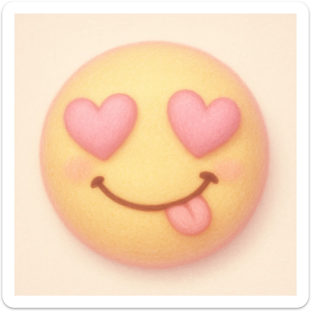 cute emoji, heart eyes, playful grin, pastel pink and yellow sticker