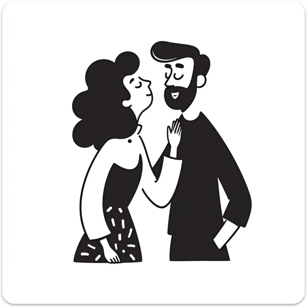 Curly haired woman with curly hair kissing a man with straight hair and a beard, cute couple sticker