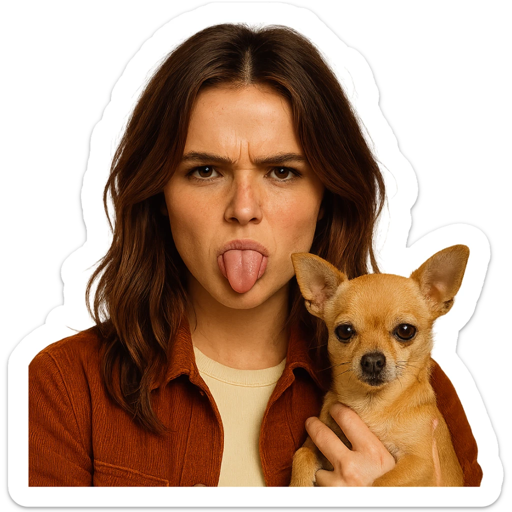 Create a portrait for an Instagram profile picture inspired by the facial features visible in the reference images. The subject has a tanned complexion with subtle freckles, wearing a shirt in color #FFF8CA and a rust-colored jacket. Hair is medium-length brown with auburn highlights. The expression is rebellious and playful. The subject is holding a beige-brown chihuahua. The style is inspired by a Netflix series, with an intimate and expressive atmosphere reminiscent of Tenerife. The background should be transparent. sticker