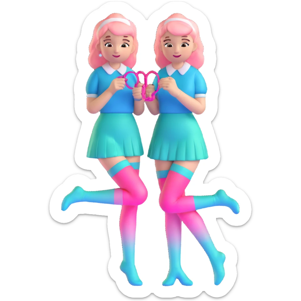 Cute girl character in stockings adjusting fashion accessory, pink gradient from bright pink to light pink, transparent glass style with highlights sticker