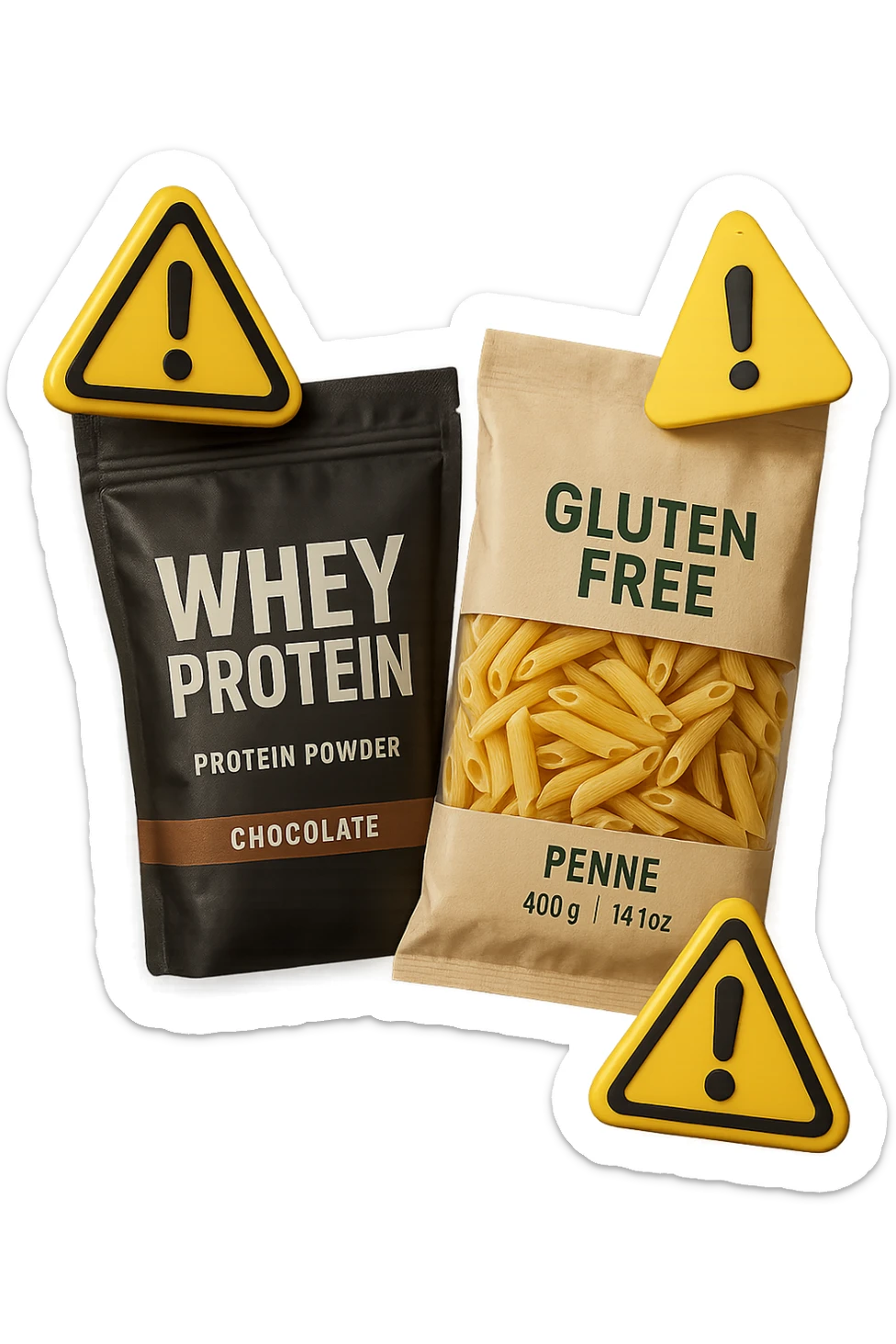 SU QUESTO STILE FAI UN EMOJI STILE IPHONE 3D DI UN pacco di whey protein e un pacco di pasta senza glutine che fluttuano in aria insieme a segnali di pericolo in 3d, FALLO MOLTO REALISTICO IN 3D sticker