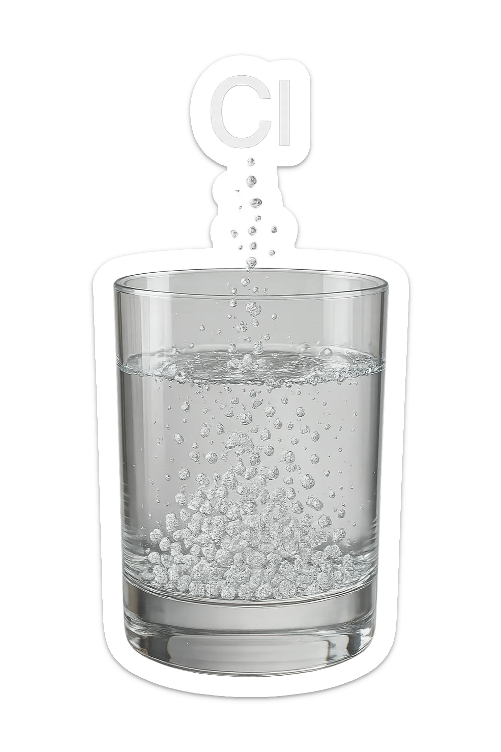 un bicchiere di acqua fluttua in aria realistico e dettagliato, dentro l'acqua del bicchiere ci sono particelle di cloro ben visibili con la scritta "Cl" sopra, ci sono particelle anche che escono dal bicchiere e fluttuano in aria verticalmente, mentre alcune sono all'interno dell'acqua nel bicchiere, iperrealistico 4k sticker