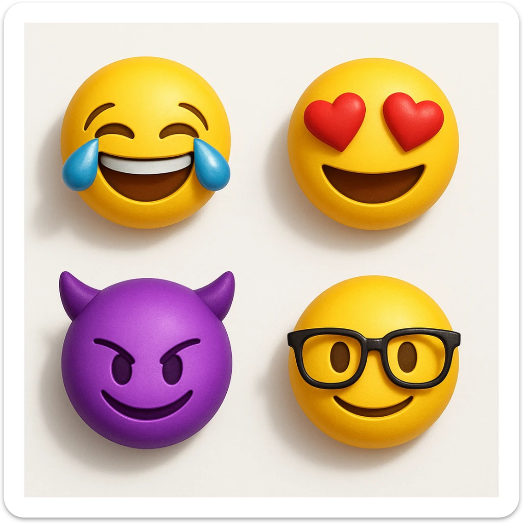 make four emojis on white background with good amount of shadow, four emojis of smiley's only. one laughing, second heart eyes, third purple devil and four black glasses emojis  sticker
