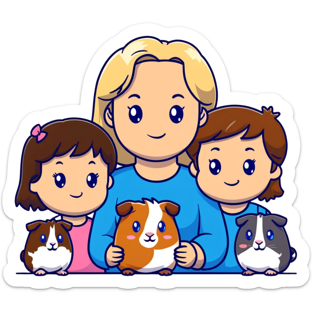 Family portrait with father with dark brown hair and blue eyes, mother with light brown hair and blue eyes, three blonde little girls with blue eyes, plus a grey cat and two guinea pigs sticker