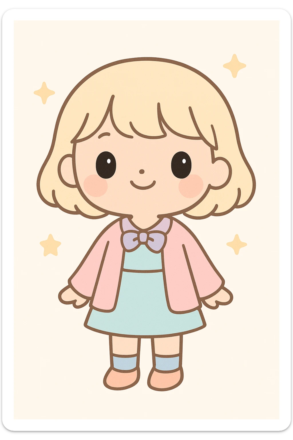 sweet character with light blonde hair, short bangs, big black eyes, small upturned nose, fashionable outfit sticker